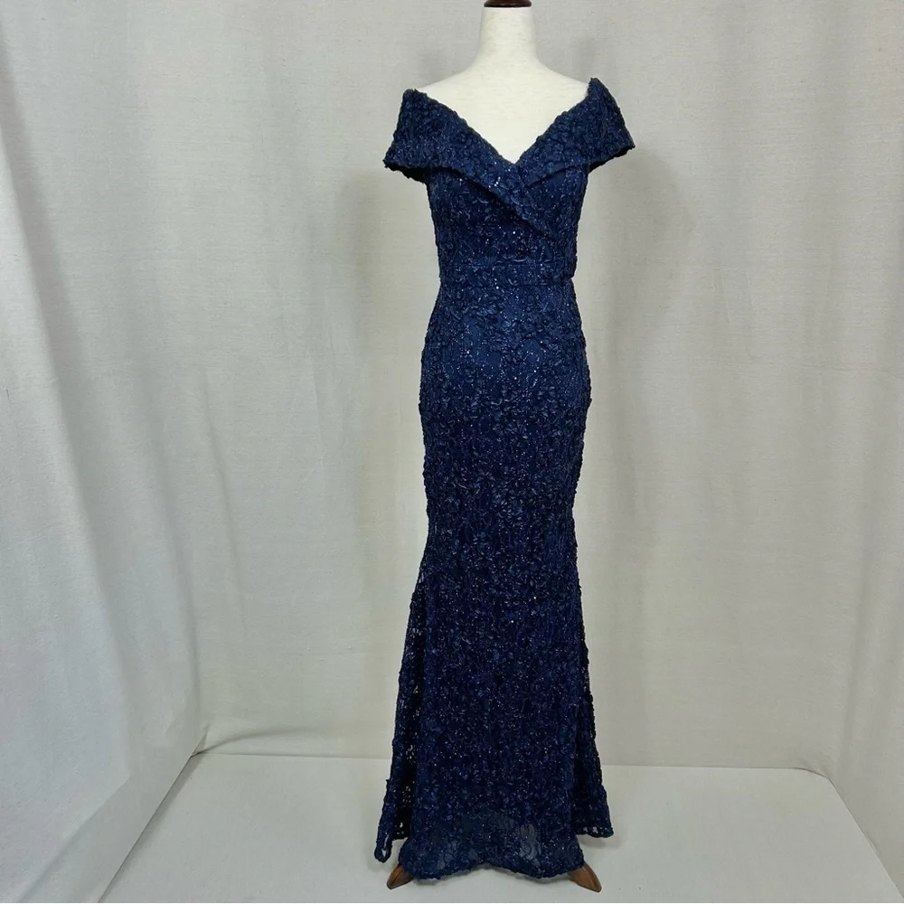 Xscape Navy Blue Rosette Sequin Lace Mermaid Off Shoulder Prom Gown Size 4 - Picture 3 of 10